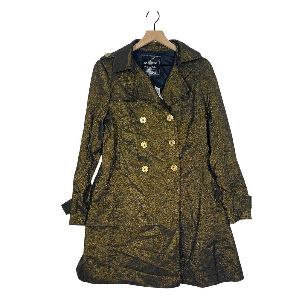 Wet Seal‎ Vintage Y2K NWT Trench Coat Size Large Gold Metallic Double Breasted